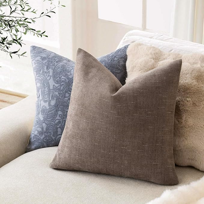 Foindtower Pack of 2 Soft Textured Chenille Throw Decorative Pillow Covers Square Accent Solid Cushion Cover Cozy Farmhouse Pillow Case with Zipper for Couch Sofa Bedroom Living Room 24x24 Inch, Taupe