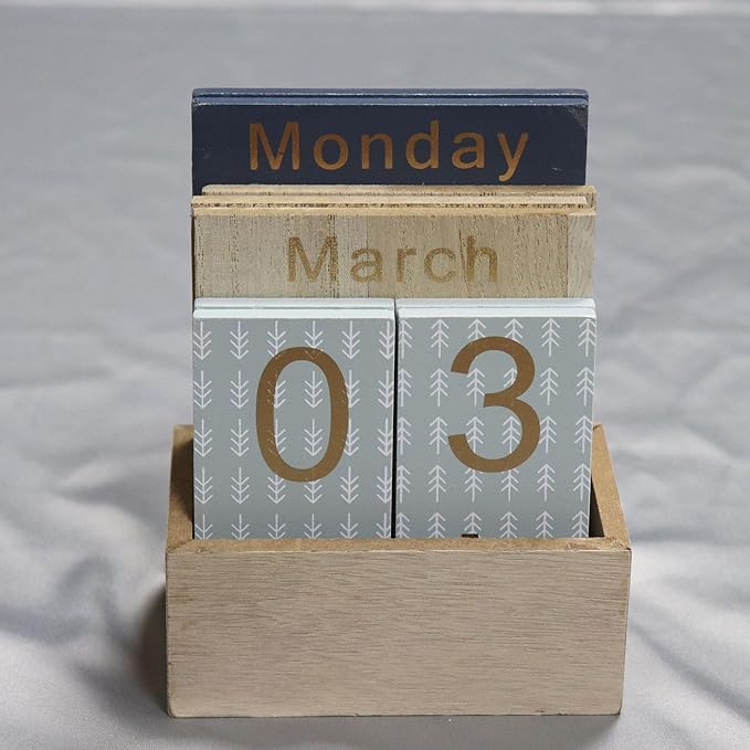 Wooden Perpetual Calendar for Desk, Metal Wood Month Date Display for Teachers, Students, Classroom, Rustic Farmhouse Office Decor, Desk Accessories (Snowflake printed)