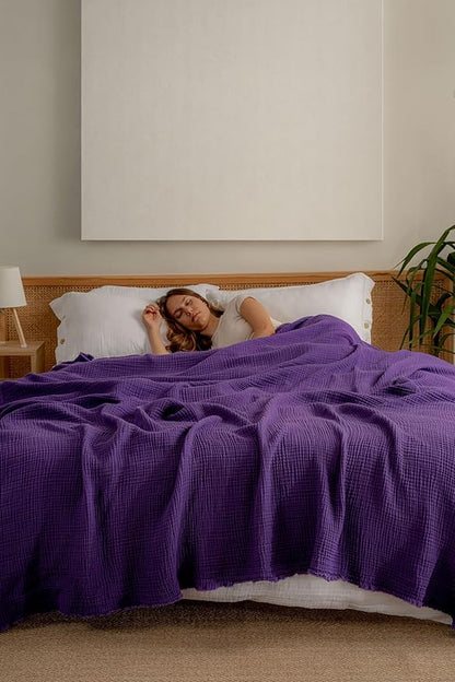 Muslin Blanket - Pure 100% Turkish Cotton Airy Soft Light Versatile Gauze Throw Blanket for Bed, Couch, Sofa (Purple, California King Size (95" x 125" inch))