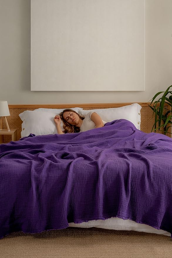 Muslin Blanket - Pure 100% Turkish Cotton Airy Soft Light Versatile Gauze Throw Blanket for Bed, Couch, Sofa (Purple, Queen XL Size (95" x 95" inch))