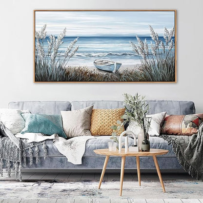 AJAZIKO Beach Vintage Wall Art Pictures for Living Room Coastal Artwork for Walls Ocean Bedroom Wall Decor Above Bed Landscape Beach Canvas Wall Art Featuring Boat, Farmhouse, Seascape 24×48IN