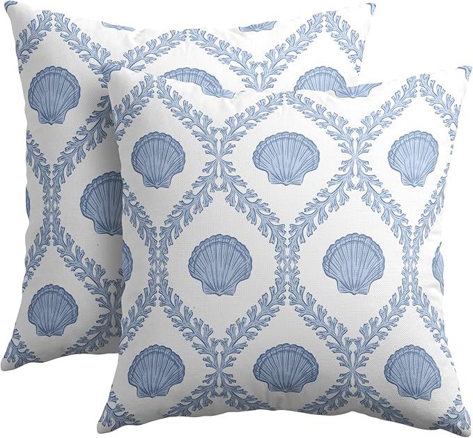 Light Blue Coastal Pillow Covers 22x22 Set of 2 Ocean Coral Shell Pattern Outdoor Decorative Linen Summer Throw Pillows Cases with Zipper Cushion Cover Rustic Decoration Farmhouse Sofa Couch Bed Decor
