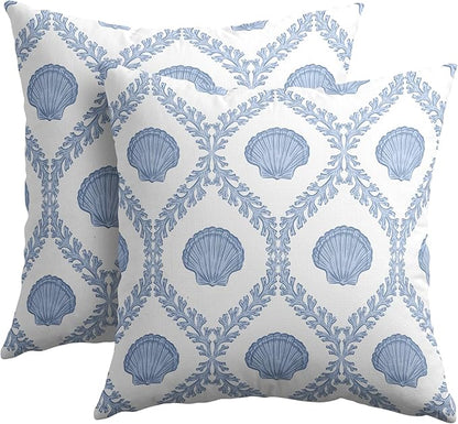 Light Blue Coastal Pillow Covers 20x20 Set of 2 Ocean Coral Shell Pattern Outdoor Decorative Linen Summer Throw Pillows Cases with Zipper Cushion Cover Rustic Decoration Farmhouse Sofa Couch Bed Decor