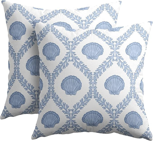Light Blue Coastal Pillow Covers 16x16 Set of 2 Ocean Coral Shell Pattern Outdoor Decorative Linen Summer Throw Pillows Cases with Zipper Cushion Cover Rustic Decoration Farmhouse Sofa Couch Bed Decor