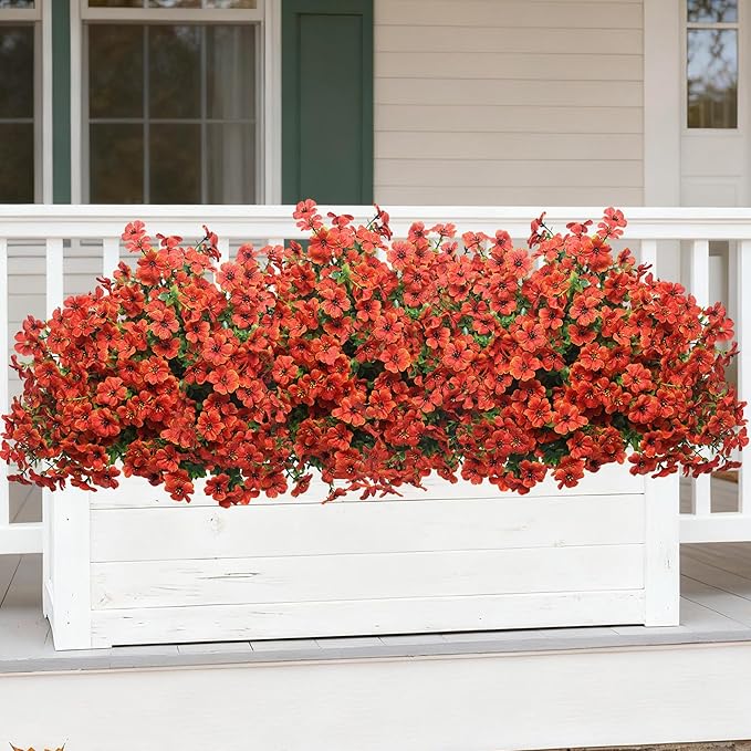 16 Bundles Artificial Flowers – UV Resistant Faux Mums in Orange for Garden, Patio, Porch & Home Décor, Realistic Fake Flowers for Wedding & Yard Decoration