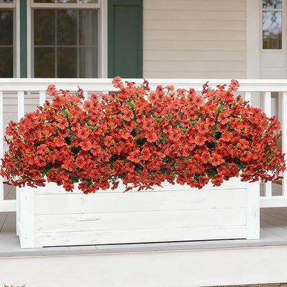 16 Bundles Artificial Flowers – UV Resistant Faux Mums in Orange for Garden, Patio, Porch & Home Décor, Realistic Fake Flowers for Wedding & Yard Decoration