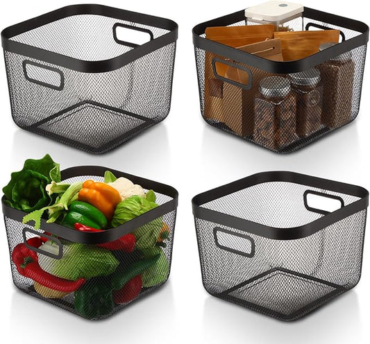4 Pack Metal Mesh Steel Basket with Hollow Handles Square Wire Mesh Open Bin Fruit Storage Basket for Kitchen Bathroom Picnic Shopping Cabinet Home Items (Large,Black)