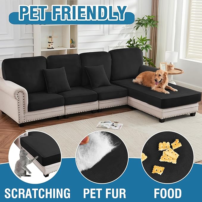 Couch Cover 6-Piece Elastic Velvet Couch Cushion Covers & Chaise Slipcovers for L-Shaped Sofas, Sofa Seat Covers Washable, Soft Cover for Couches (5 Seater + Chaise, Black)