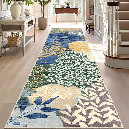 DEXDE Runner Rug 2x8 Washable Hallway Boho Soft Area Rugs Abstract Long Non Slip Leaves Floral Vintage Floor Carpet for Entryway Kitchen Laundry Bathroom Bedroom,Blue