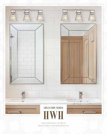 Brushed Nickel Bathroom Vanity Light, HWH 3-Light Vanity Lights for Bathroom Vanity Wall Lamp Over Mirror, Modern Vanity Light Fixtures with Striped Clear Glass, 5HZG97B-3W BN