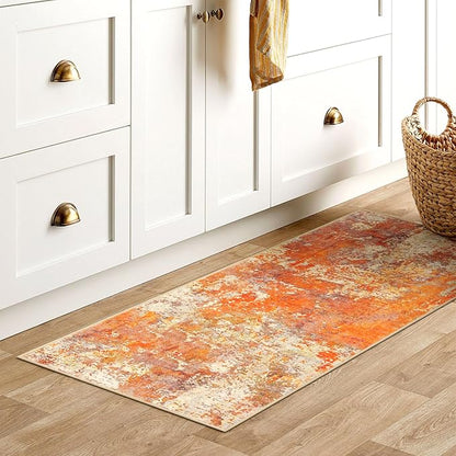 Lahome Modern Abstract Runner Rug - 2x4.3 Washable Kitchen Soft Laundry Room Rugs Bathroom Mat, Contemporary Non Slip Indoor Throw for Entryway Living Room, Yellow/Gold/Cream 2' x 4.3'