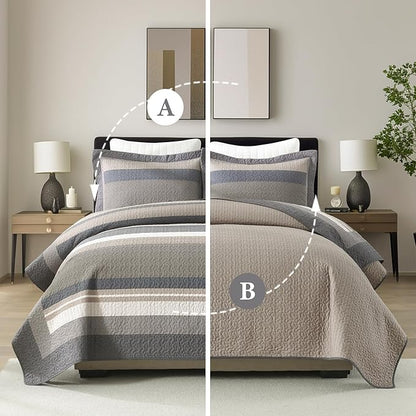 100% Cotton Quilts King Size, King Quilt Bedding Set Bedspread, Striped Quilt for King Bed, 3 Pieces Farmhouse Reversible Lightweight Comforter Bed Spread, Brown/Beige/Taupe