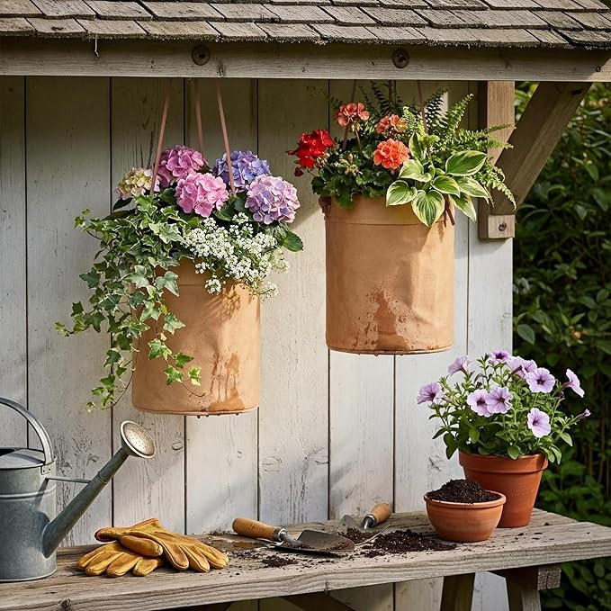 2 Pcs Waxed Canvas Hanging Planter 6'' Sphere Dijon Yellow Hanging Basket Flower Pot Floor Plant Holder Decorative Container for Indoor Outdoor Plants