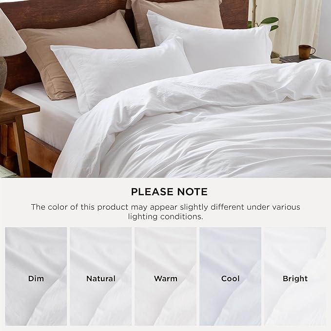 Bedsure 100% Washed Cotton Duvet Cover Queen Size - Bright White Minimalist Cotton Duvet Cover Linen Like for All Seasons - GentleSoft™ Plain Simple Bedding (Bright White, Queen, 90"x90")