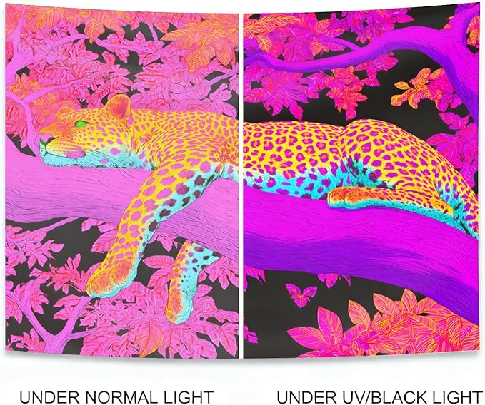 seewan Black Light Leopard Tapestry, UV-Reactive Glow-in-the-Dark Sleeping Jaguar Wall Hanging, Psychedelic Pink Jungle Animal Art Wall Decoration for Bedroom, Dorm, or Living Room Background