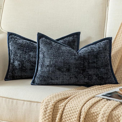 Yaertun Pack of 2 Chenille Textured Decorative Throw Pillow Covers Accent Solid Cushion Cover Soft Cozy Pillow Case with Velvet Back for Couch Sofa Bed Living Room 12x20 Inch Dark Blue