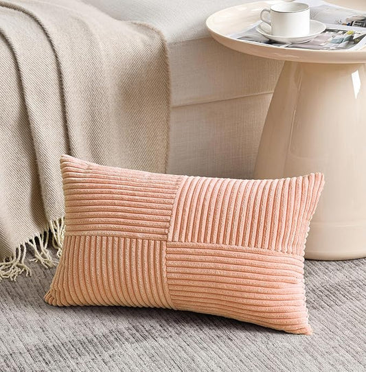 Fancy Homi 2 Packs Peach Long Lumbar Decorative Throw Pillow Covers 16x24 Inch for Couch Bed Sofa, Rustic Farmhouse Boho Home Decor, Soft Striped Corduroy Rectangle Accent Cushion Case 40x60 cm