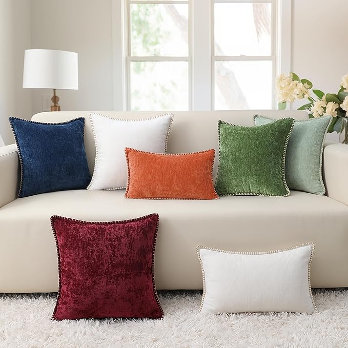decorUhome Spring Chenille Soft Throw Pillow Covers 18x18 Set of 2, Farmhouse Velvet Neutral Decorative Pillow Covers with Stitched Edge for Couch Sofa Bed Home Decor, Rust