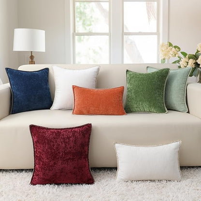 decorUhome Spring Chenille Soft Throw Pillow Covers 18x18 Set of 2, Farmhouse Velvet Neutral Decorative Pillow Covers with Stitched Edge for Couch Sofa Bed Home Decor, Rust