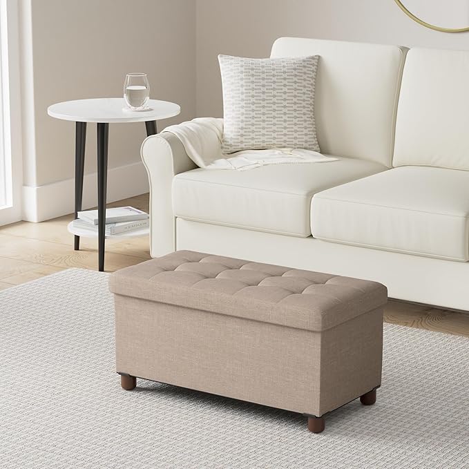 30 Inches Storage Ottoman Bench, Storage Bench with Wooden Legs for Living Room Ottoman Foot Rest Removeable Lid for Bedroom End of Bed, Linen Fabric, Folding Beige Ottoman