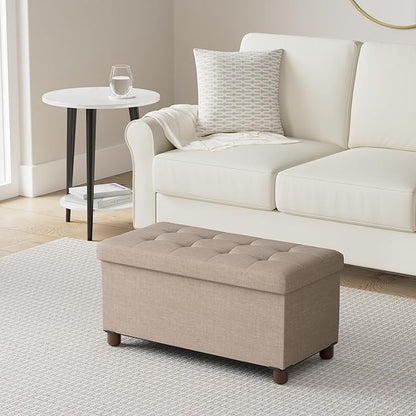 30 Inches Storage Ottoman Bench, Storage Bench with Wooden Legs for Living Room Ottoman Foot Rest Removeable Lid for Bedroom End of Bed, Linen Fabric, Folding Beige Ottoman