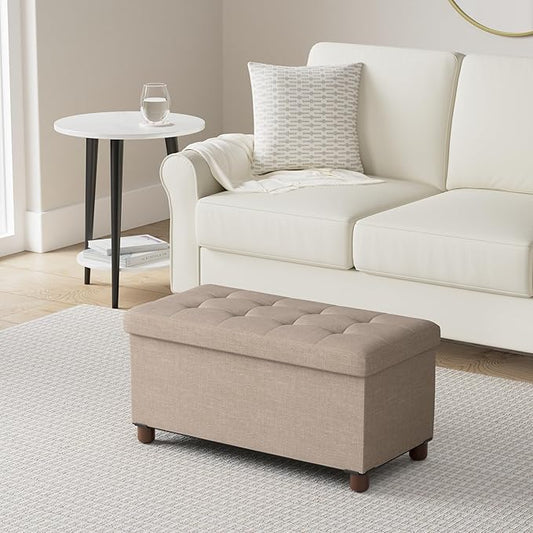 30 Inches Storage Ottoman Bench, Storage Bench with Wooden Legs for Living Room Ottoman Foot Rest Removeable Lid for Bedroom End of Bed, Linen Fabric, Folding Beige Ottoman