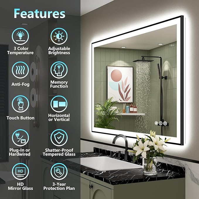 40x36 Black Framed LED Bathroom Mirror with Lights, Backlit + Front Lit, Anti-Fog Lighted Vanity Mirror for Bathroom Wall with 3 Colors, Dimmable, Memory, Tempered Glass, Horizontal/Vertical