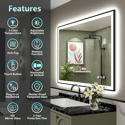 40x36 Black Framed LED Bathroom Mirror with Lights, Backlit + Front Lit, Anti-Fog Lighted Vanity Mirror for Bathroom Wall with 3 Colors, Dimmable, Memory, Tempered Glass, Horizontal/Vertical