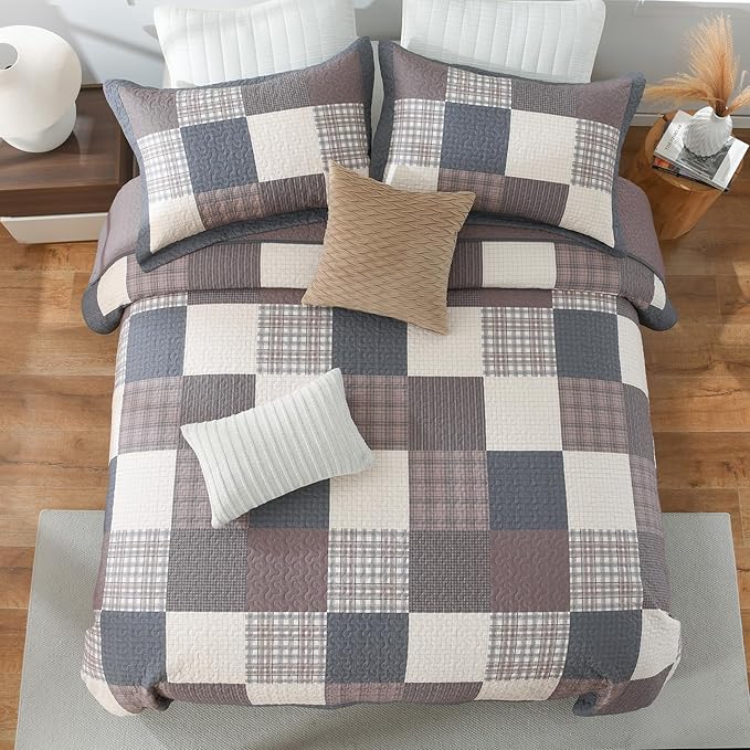 100% Cotton Quilts Queen Size, Queen Quilt Bedding Set Bedspread, Patchwork Plaid Quilt for Queen Bed, 3 Pieces Farmhouse Reversible Lightweight Comforter Bed Spread, Gray/Brown/Beige