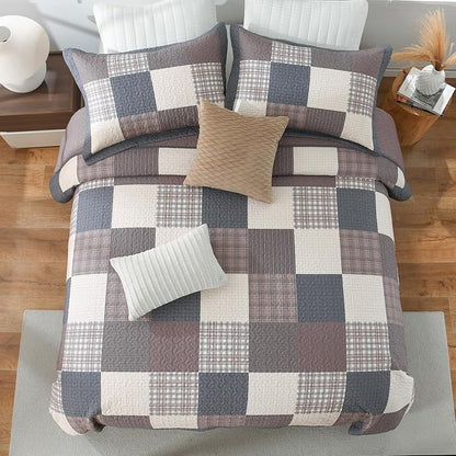 100% Cotton Quilts Queen Size, Queen Quilt Bedding Set Bedspread, Patchwork Plaid Quilt for Queen Bed, 3 Pieces Farmhouse Reversible Lightweight Comforter Bed Spread, Gray/Brown/Beige