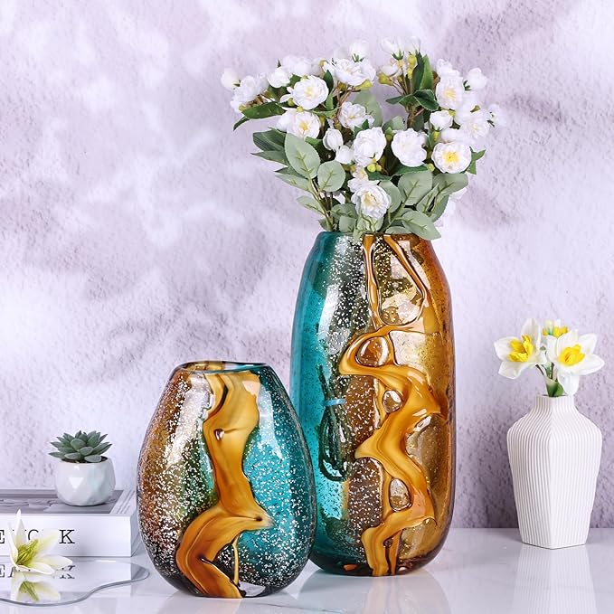 Teal Glass Vase,Hand Blown Green Glass Flower Vases Bulk,Murano Glass Vases,Unique Table Glass Decor, Flowers with Vase Decorative,Teal Vase Decor,for Bookshelf,Living Room,Office,Gift (S)