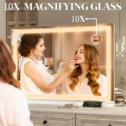 FENNIO Vanity Mirror with Lights 32"x22", Lighted Makeup Mirror, Large Vanity Mirror, Touch Sensor with 3-Color Lighting, USB Charging Port for Vanity Desk（Square White）