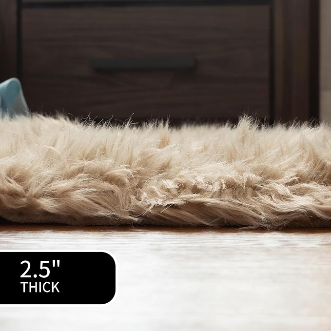 Super Area Rugs Ultra Soft & Fluffy Faux Sheepskin Rug, Light Brown 5 x 7 Feet Carpet for Bedroom Living Room