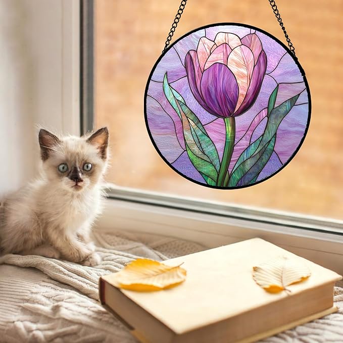 DASTOLL Stained Glass Window Hanging Purple Tulips Flower 9.8" - Suncatcher Door Garden Sun Catcher Home Decor Birthday Mother's Day for Mom Men Woman Parents Her Nana Friend