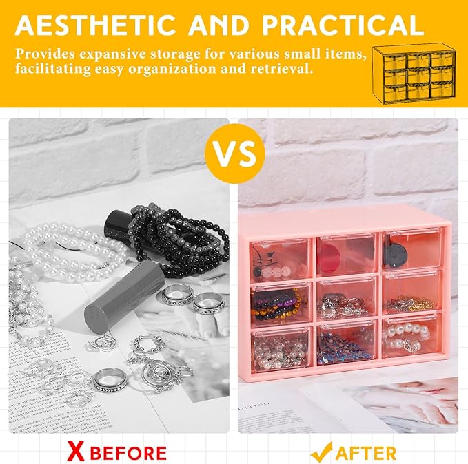 Wenqik 2 Pcs Mini Storage Drawers Teacher Toolbox Organizer with 9 Clear Drawers Small Plastic Desktop Teacher Desk Craft Organizer for Classroom Office 7" x 3. 9" x 4. 7"(Pink)
