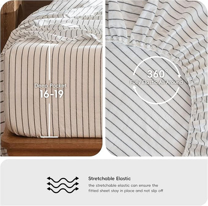 MooMee Striped Sheet Set 100% Washed Cotton Linen Like Textured Breathable Durable Soft Comfy (White Dark Grey Wide Stripes, Queen)