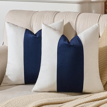 AmHoo Pack of 2 Velvet Panel Cotton Pillow Covers Decorative Pillowcase Cushion for Couch Sofa Bedroom 20 x 20-Inch Navy Blue