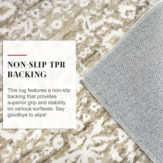 Runner Rug 2x10, Beige Tan White Washable Long Hallway Rug Runner Non-Slip Soft Kitchen Runner Thin Printed Faux Wool Super Soft Carpet for Entryway Bedroom Laundry Room Indoor Home Decor