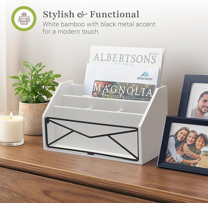 Prosumer's Choice Bamboo Desk Organizer – White Powder-Coated Natural Bamboo Mail Organizer for Countertop - Wooden Desktop Organizer for Mail, Files, Letters, and Tabletop Storage