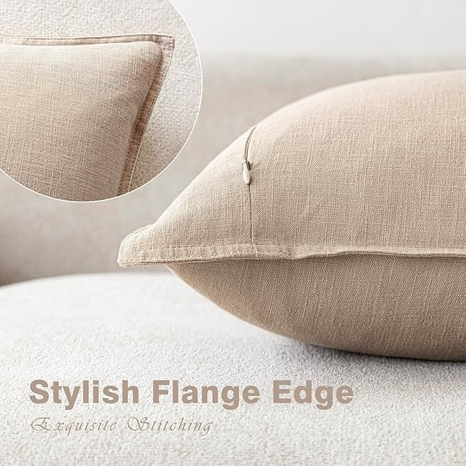 Foindtower Pack of 2, Decorative Linen Soild Throw Pillow Covers Accent Lumbar Cushion Case Boho Farmhouse Pillowcase for Chair Couch Sofa Bedroom Living Room Home Decor 12 x 20 Inch Tan Beige
