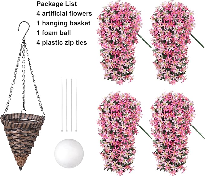 Artificial Flowers Plants for Outdoor with Basket, 4PCS Silk Hanging Faux Flowers Long Trailing Vines for Outside Home Porch Patio Decoration, Pink & Light Pink