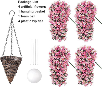 Artificial Flowers Plants for Outdoor with Basket, 4PCS Silk Hanging Faux Flowers Long Trailing Vines for Outside Home Porch Patio Decoration, Pink & Light Pink