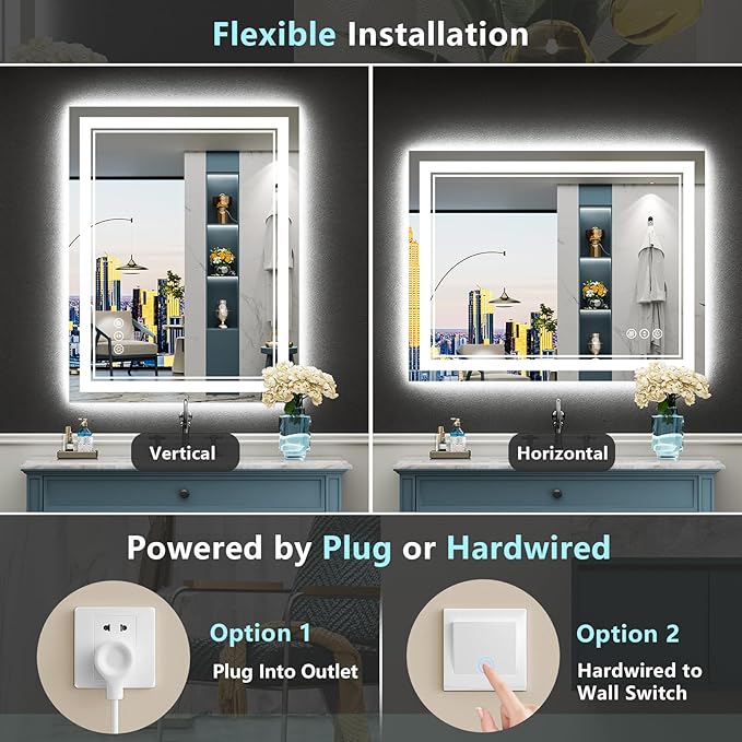 24x30 LED Bathroom Mirror with Lights, Backlit & Front Lit, Anti-Fog Lighted Vanity Mirror for Bathroom Wall, 3 Colors, Dimmable, Memory, HD Tempered Glass, Shatter-Proof, Horizontal/Vertical