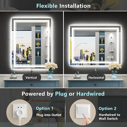 24x30 LED Bathroom Mirror with Lights, Backlit & Front Lit, Anti-Fog Lighted Vanity Mirror for Bathroom Wall, 3 Colors, Dimmable, Memory, HD Tempered Glass, Shatter-Proof, Horizontal/Vertical