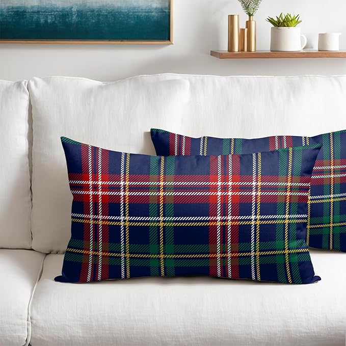 Christmas Tartan Lumbar Pillow Covers 12x20 Set of 2 Navy Blue Green Red Plaid Print Decorative Outdoor Xmas Throw Pillow Cases Winter Holiday Decoration Farmhouse Sofa Couch Cushion Cover Bed Decor