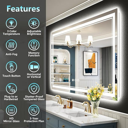 55x40 LED Bathroom Mirror with Lights, Backlit and Front Lit, Anti-Fog Lighted Vanity Mirrors for Bathroom Wall, Dimmable, 3-Color Light, Memory, Shatter-Proof, HD Tempered Glass, CRI＞90