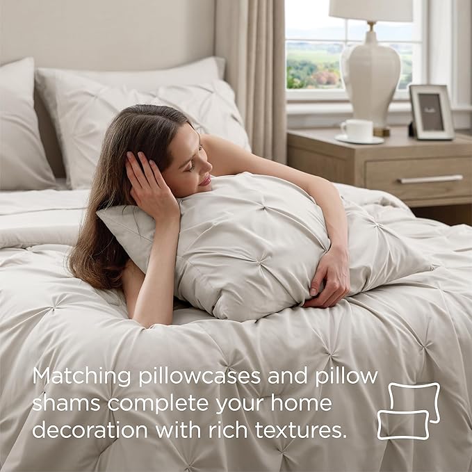 Bedsure Queen Comforter Set Linen - Bed in a Bag Queen Size Bedding 7 Pieces, GentleSoft™ Pintuck Bed Set Gift for Family, Pinch Pleat All Season Comforter with Sheets, Pillowcases & Shams