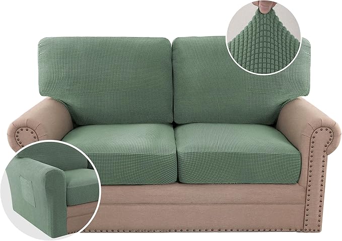 H.VERSAILTEX Multi-Pieces Sofa Covers Stretch Couch Covers Form Fitted Seats and Back Cushions Covers (2 Seat Covers Plus 2 Back Cusion Covers, Bonus 2 Armrest Covers), Loden Frost