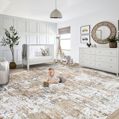 9x12 Area Rug for Living Room, Washable Modern Abstract Large Area Rug Neutral Soft Non Slip Kids Rug Stain Resistant Indoor Carpet for Bedroom Dining Room Playroom Home Office(Beige, 9'x12')