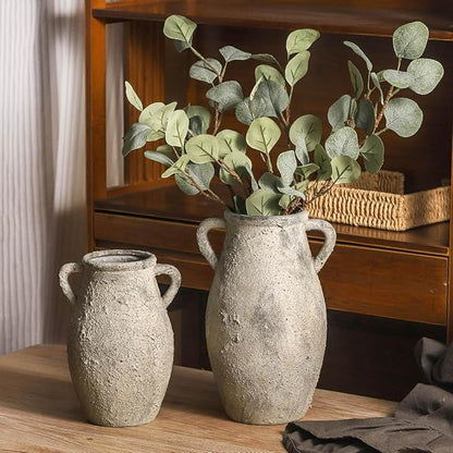 Ceramic Rustic Vase with Handle,11.3 inch Vintage Vase for Home Decor - Tall Farmhouse Flower Vase with 2 Handles, Living Room Entryway Table Centerpiece Decor
